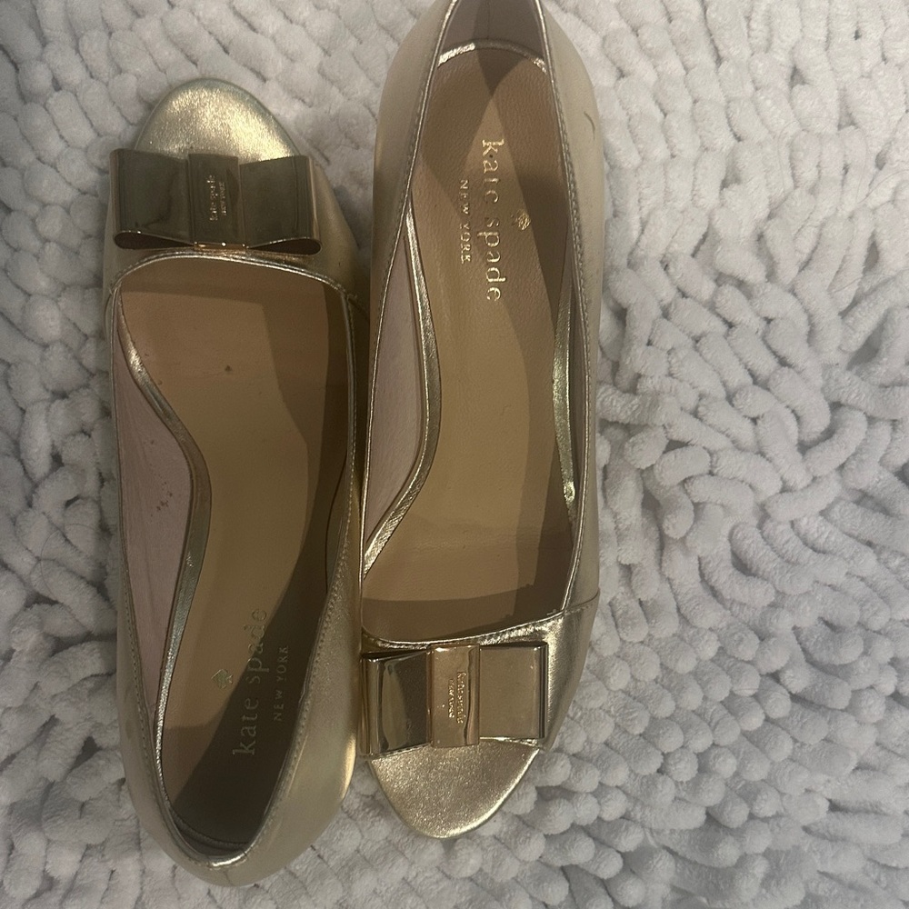 kate spade Metallic Gold Bow Peep-Toe Flats